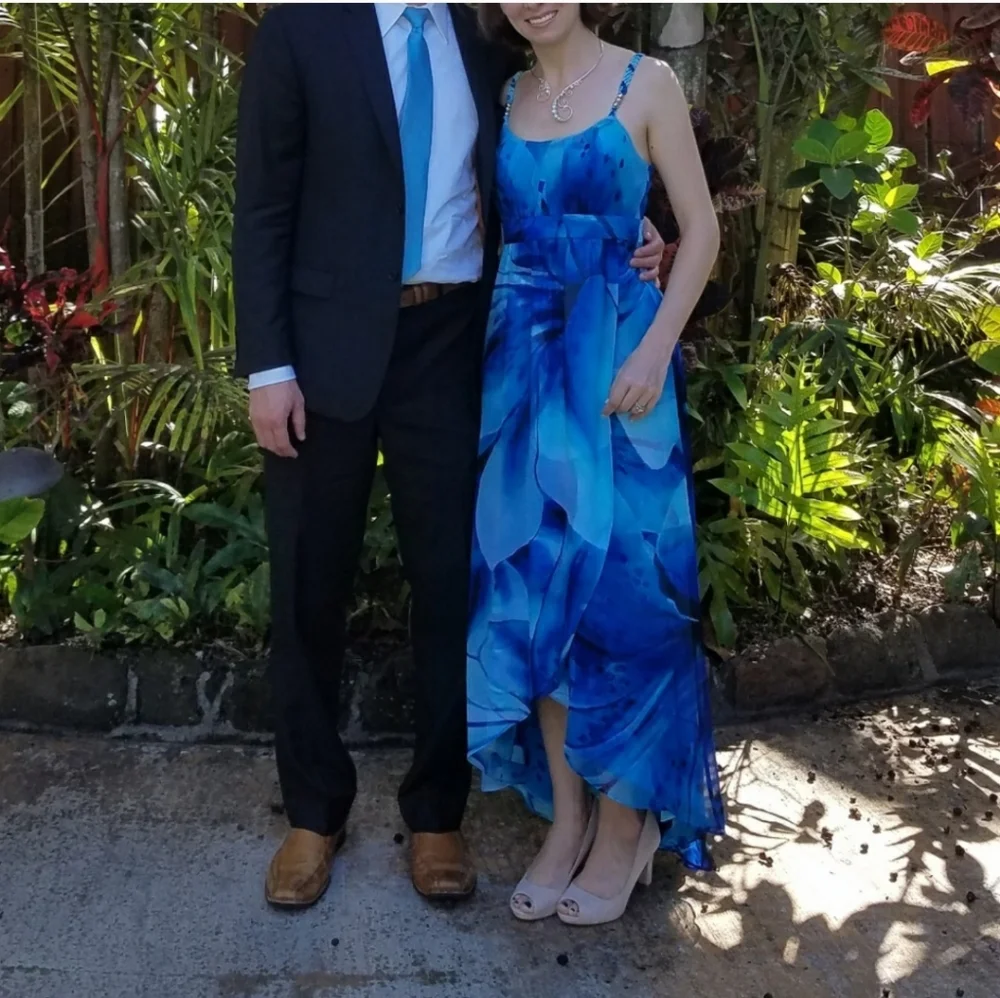 Coastal Resort Blue Floral Empire Waist High Low Dress Sz 6 Mermaid Ethereal - Picture 14 of 14